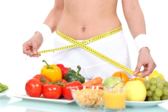 fată care măsoară talia pe fundalul alimentelor